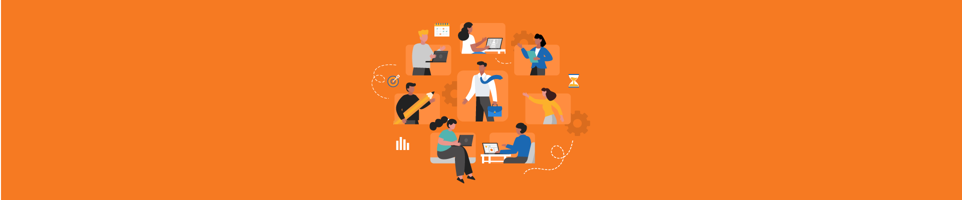 Illustration of diverse team members collaborating with laptops, gears, charts, and hourglass icons.