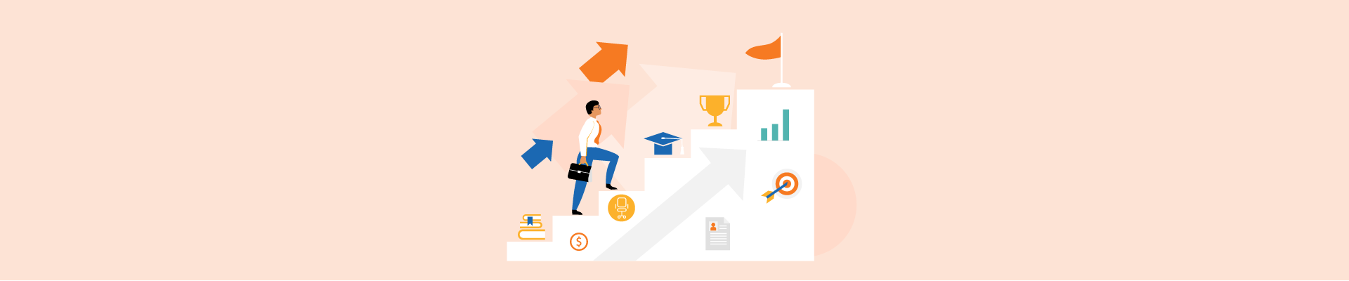 Illustration of a person climbing steps toward success, with symbols for professeducation, growth, and achievement goals.