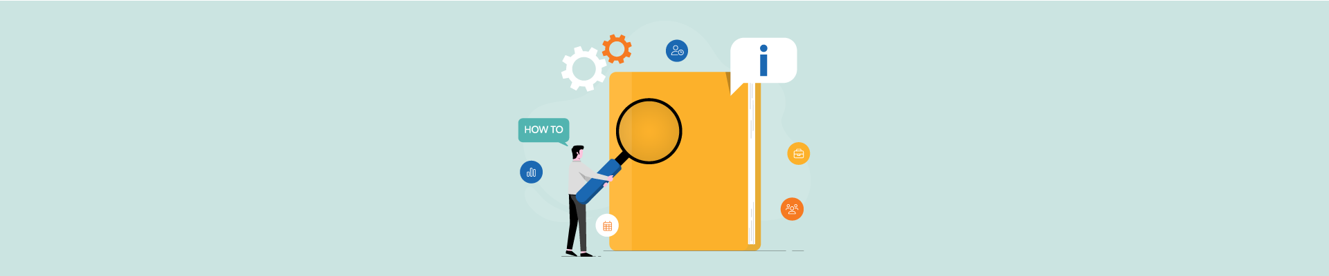 Illustration of an employee exploring a handbook with icons representing tools, guides, and essential information.