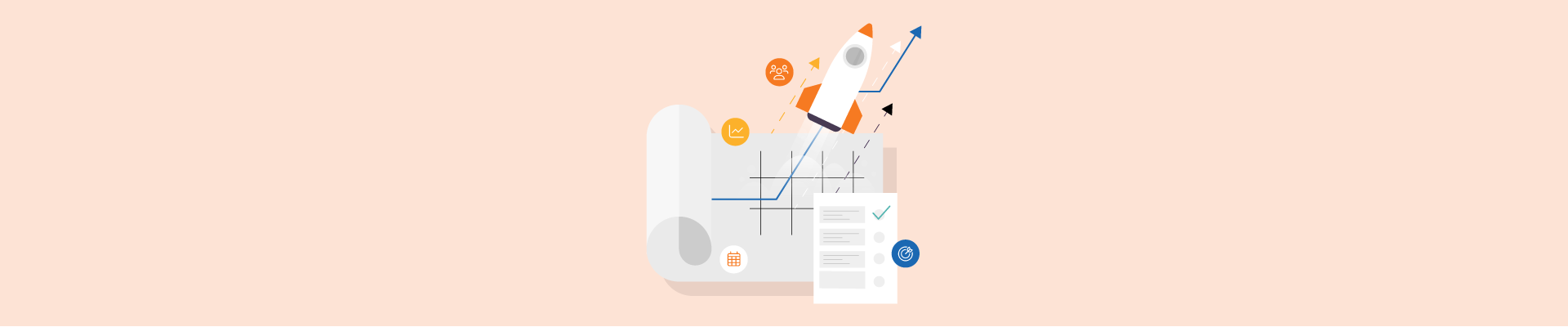 Rocket launching with icons for teamwork, analytics, and checklists, symbolizing startup growth and success.