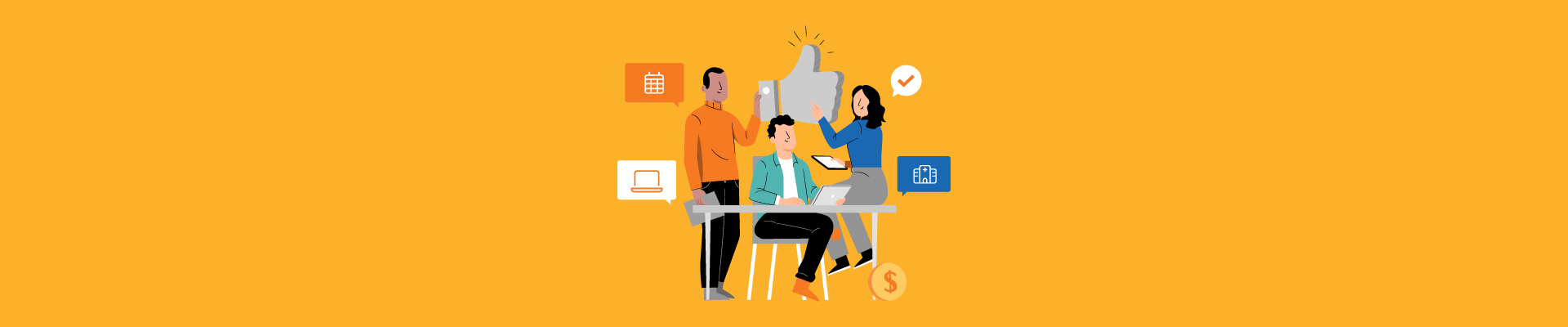 Illustration of a diverse team collaborating with tech icons, symbolizing productivity, satisfaction, and success.