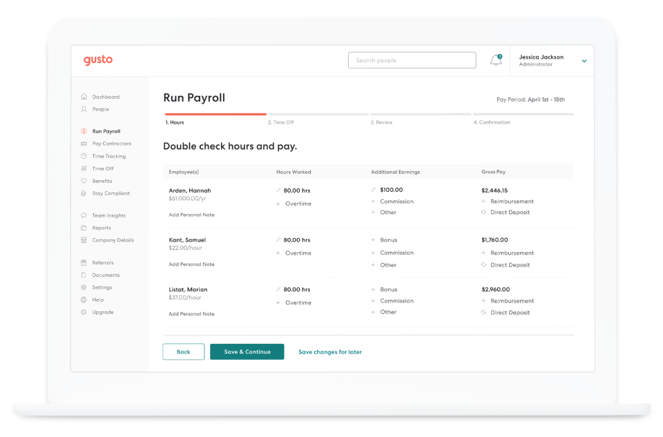 Gusto payroll software interface displaying payroll processing details, including employee hours, earnings, and gross pay.