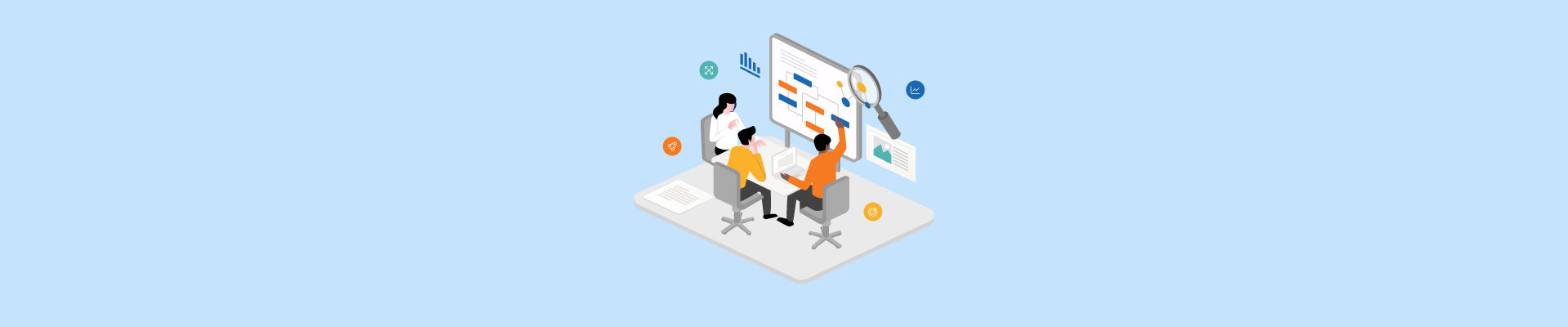 Illustration of professionals analyzing HR data on a digital dashboard with charts, graphs, and workflow diagrams.