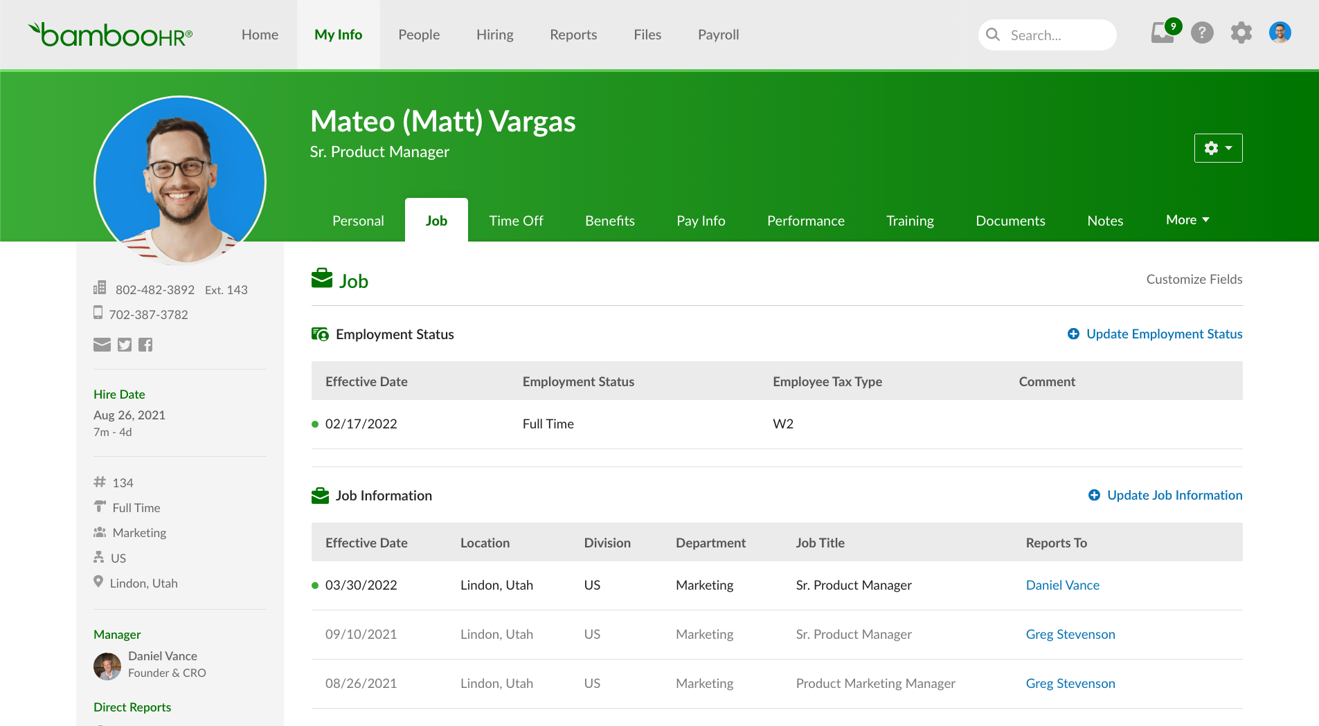 BambooHR dashboard showing an employee profile with job details, employment status, and organizational hierarchy.