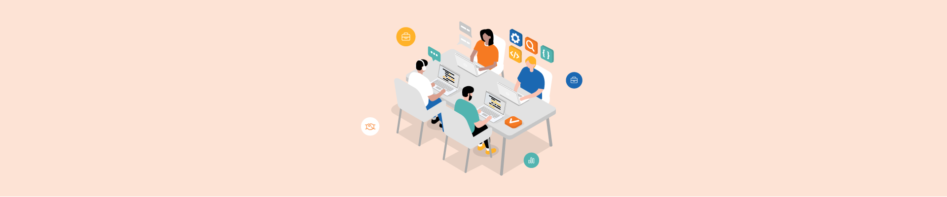 An illustration of four developers working at laptops, with coding and communication icons floating around them.