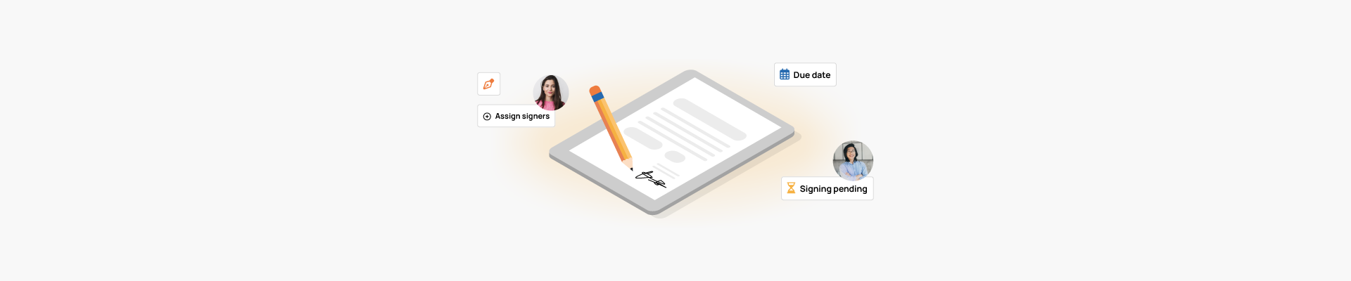 Digital document signing process with assigned signers, due dates, and pending signatures on an electronic tablet.