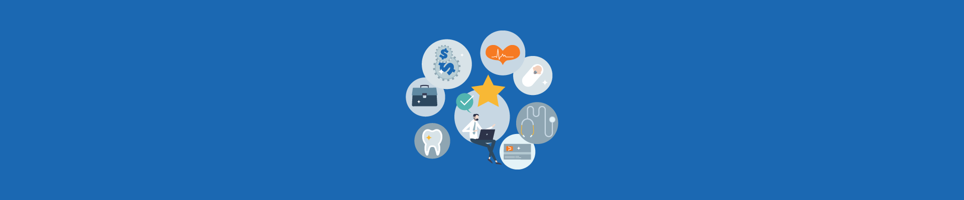 Icons of various employee benefits surrounding a worker at a laptop on a blue background.