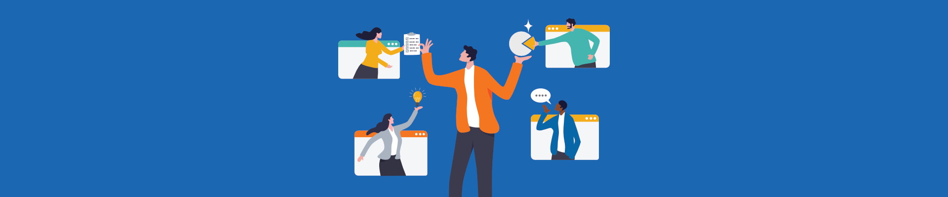 Illustration of a manager juggling tasks while remote teammates share charts, ideas, and messages in floating windows.