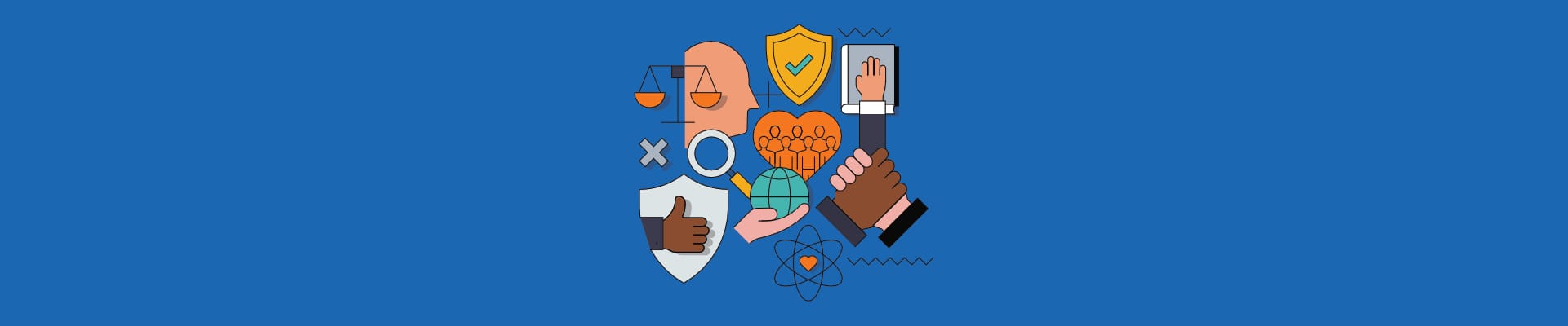 Illustration of work ethic concepts with icons like handshake, shield, scales, teamwork, and global responsibility