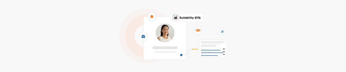 AI-driven candidate profile with "Suitability: 81%," showcasing work experience, ratings, skills, and a skill level chart.