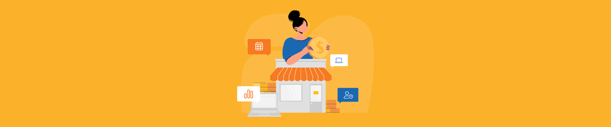 Illustration of a woman holding a coin above a small business storefront with HR and data icons around her.