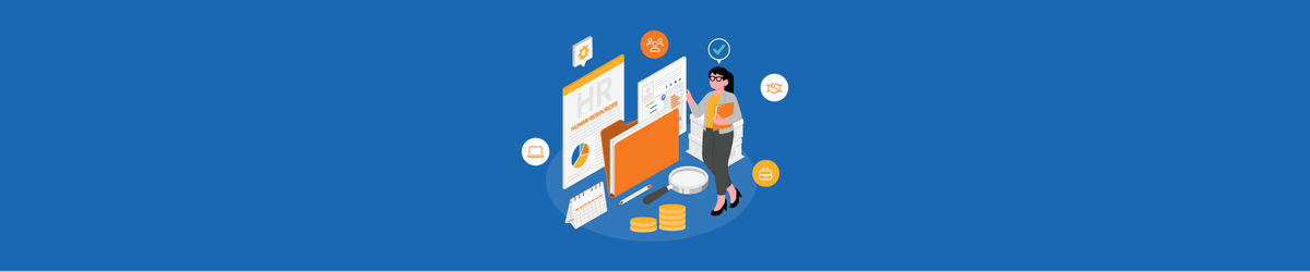 Illustration of HR tools and systems, featuring a person reviewing HR files, coins, charts, and communication icons.