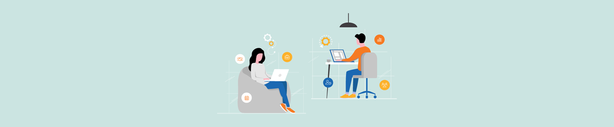 "Illustration of two individuals working remotely with icons for productivity and collaboration tools.