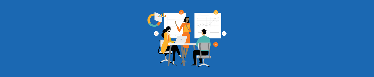 Illustration of a team discussing analytics and charts, representing data-driven HR strategies on a blue background.