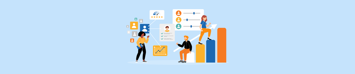 llustration of employees collaborating on performance reviews with charts, profiles, and evaluation tools.