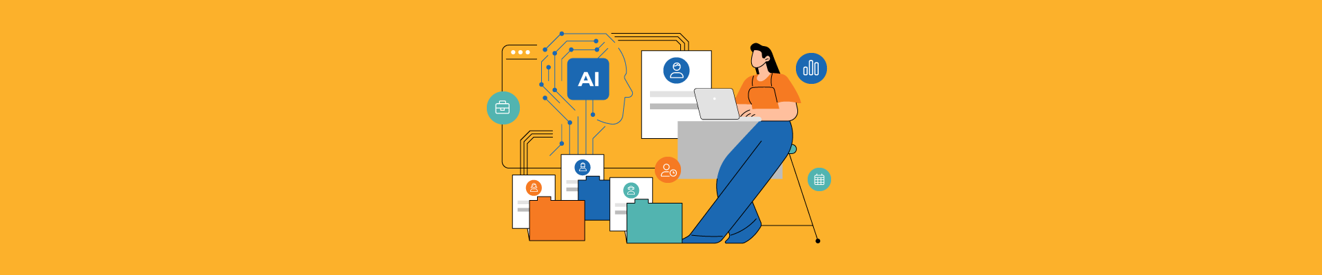 Illustration of AI in HR: person at a desk, digital icons for tasks, analytics, and people management on a yellow background.