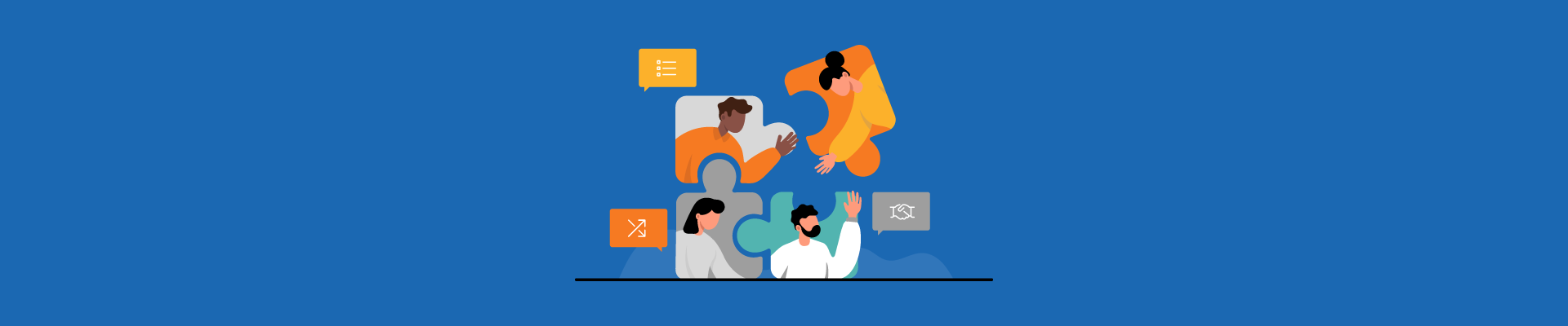 Illustration of four diverse people collaborating with task, automation, and partnership icons on a blue background.