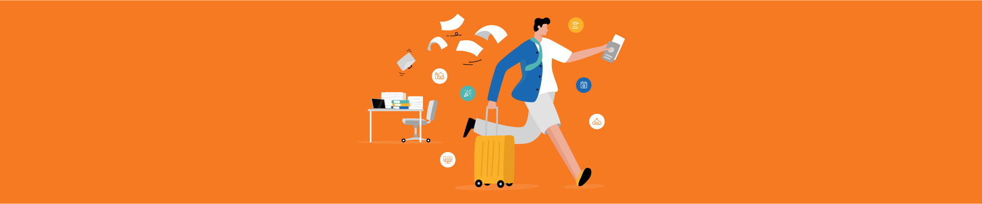 Illustration of a professional rushing with a suitcase, leaving behind a messy desk, symbolizing time off or vacation.