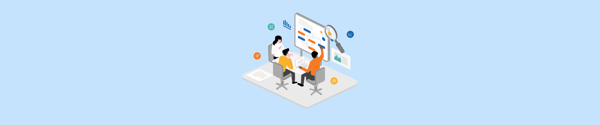 Illustration of professionals analyzing HR data on a digital dashboard with charts, graphs, and workflow diagrams.