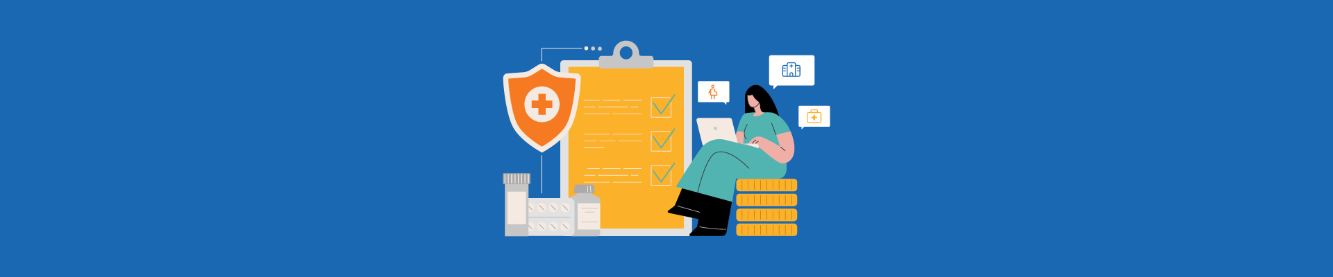 Illustration of a healthcare checklist, shield with a medical cross, and a person working on a laptop.