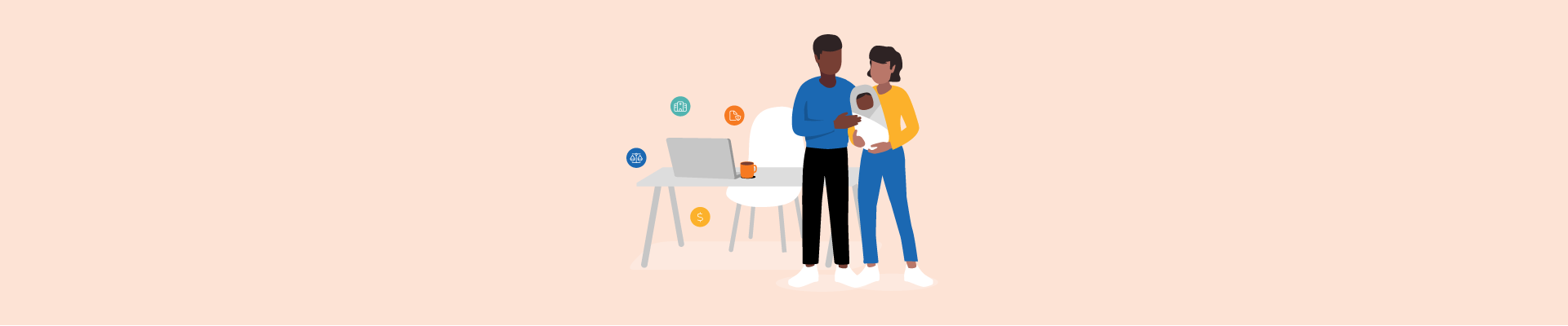 Illustration of a diverse couple holding a baby near a desk with finance, and policy icons, symbolizing parental leave.