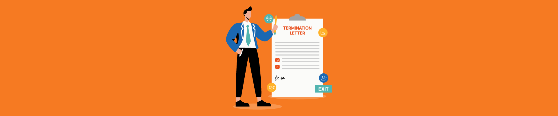 Illustration of a person holding a pen next to a termination letter document with exit-related icons on an orange background.