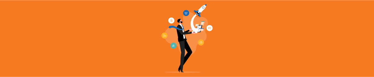 Businessperson with laptop and HR icons around, rocket launching above, symbolizing HR growth and efficiency.