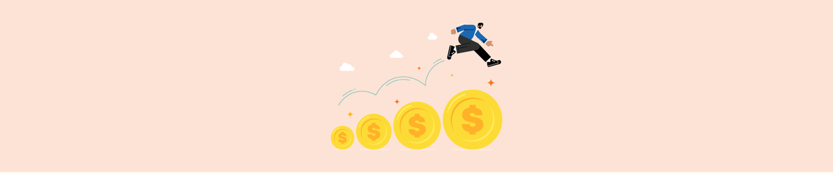 A man leaps across five progressively larger gold coins, symbolizing financial growth and achievement.