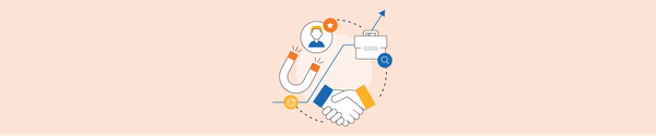 Illustration showing a handshake, a magnet attracting a candidate, a briefcase with a search icon, and a growth arrow.