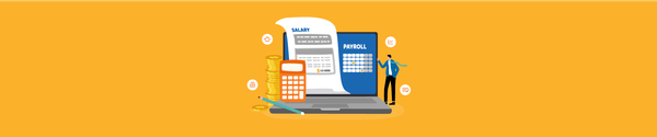 Illustration of payroll processing with salary slip, calculator, coins, and a person managing payroll on a laptop.