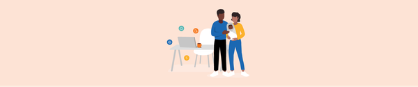 Illustration of a diverse couple holding a baby near a desk with finance, and policy icons, symbolizing parental leave.