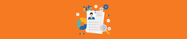 Illustration of a resume with a magnifying glass, charts, and icons representing recruitment and data analysis.