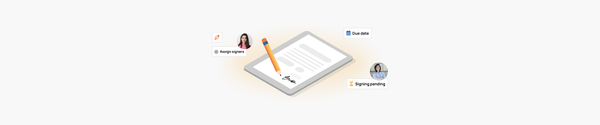 Digital document signing process with assigned signers, due dates, and pending signatures on an electronic tablet.