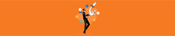 Businessperson with laptop and HR icons around, rocket launching above, symbolizing HR growth and efficiency.