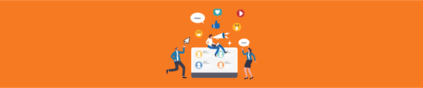 People interacting with social media icons and profiles on an orange background.