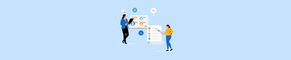 Two people reviewing digital HR charts and spreadsheets with icons for data, people, and collaboration.