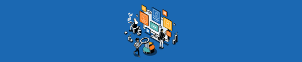 Illustration of people analyzing digital HR data on large screens with charts and profiles.