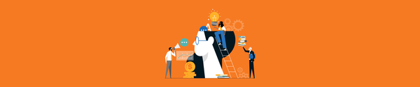 Illustration of people collaborating around a large head symbolizing ideas and growth.