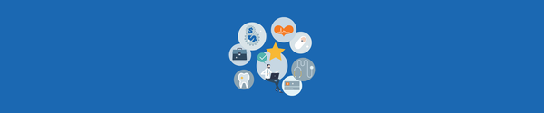 Icons of various employee benefits surrounding a worker at a laptop on a blue background.